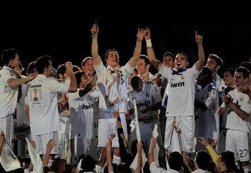 Cristiano Ronaldo giving a speech in the Santiago Bernabéu, at the last game and final game of the season in 2012