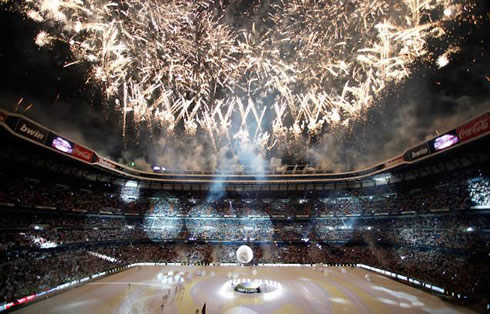 The Santiago Bernabéu fireworks party at night, to celebrate Real Madrid having won La Liga in 2012