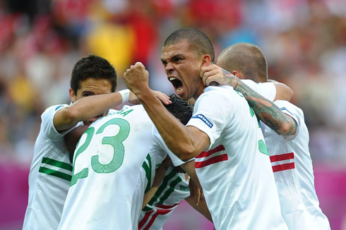 Pepe furious celebration after scoring the opener for Portugal, in the EURO 2012