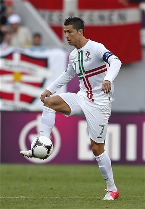 Cristiano Ronaldo receiving the ball in Portugal vs Denmark for the EURO 2012