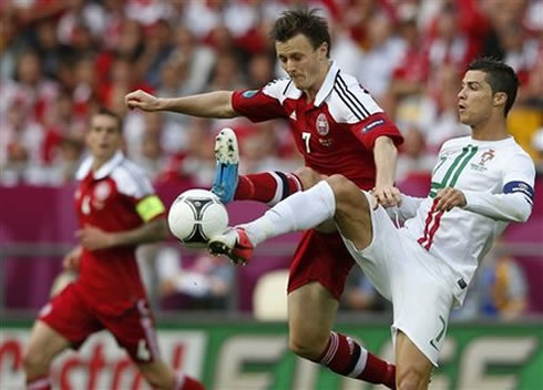Cristiano Ronaldo fighting for the ball in Portugal 3-2 Denmark, in the EURO 2012