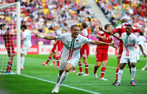 Pepe joy and celebration with arms wide open, after scoring the opener in Portugal 3-2 Denmark, for the EURO 2012