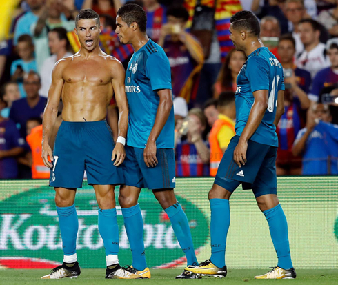 Cristiano Ronaldo shirtless at the Camp Nou after scoring a stunner