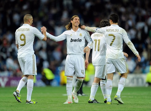 Karim Benzema, Sergio Ramos and Cristiano Ronaldo celebrating Real Madrid goal
