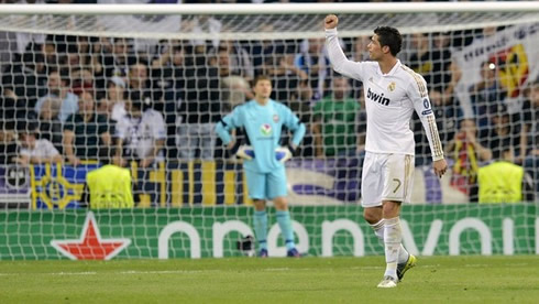 Cristiano Ronaldo raises his right fist at a Real Madrid match against CSKA Moscow