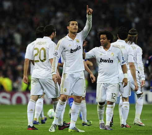 Cristiano Ronaldo dedicating his goal to someone in the crowd, with Marcelo calling for his attention