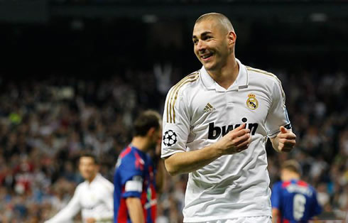 Karim Benzema showing his big smile as he scores a goal against CSKA Moscow