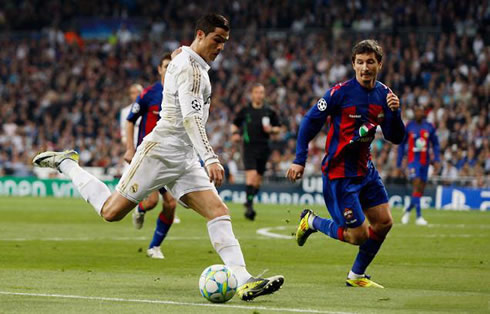 Cristiano Ronaldo preparing to shoot with his right foot