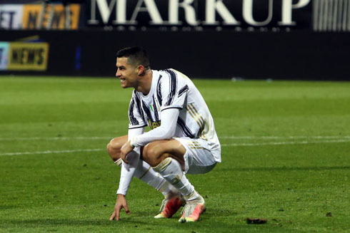 Cristiano Ronaldo recovering his energy during a game for Juventus