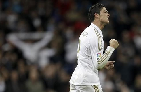 Cristiano Ronaldo reaction after scoring a goal for Real Madrid vs Sporting Gijon, in 2012