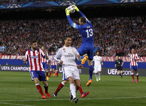 Cristiano Ronaldo being denied by Atletico Madrid's goalkeeper, Jan Oblak