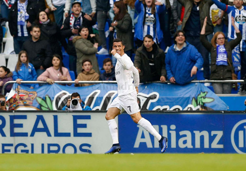 Cristiano Ronaldo running in front of Deportivo home fans, after scoring for Madrid