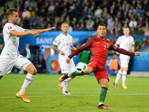 Cristiano Ronaldo preparing to finish off a chance in Portugal vs Iceland for the EURO 2016