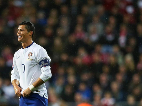 Cristiano Ronaldo smiling during the Denmark vs Portugal clash at Copenhagen