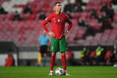 Cristiano Ronaldo standing still next to the ball