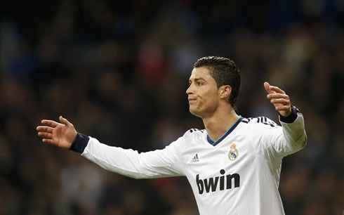 Cristiano Ronaldo appearing to be upset during a moment of a Real Madrid match in 2013