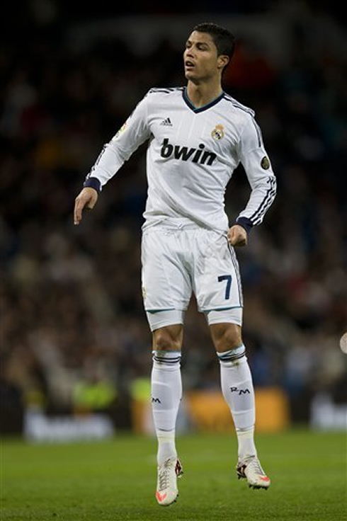Cristiano Ronaldo suspending in the air, as if he was flying, during a soccer game for Real Madrid in 2013