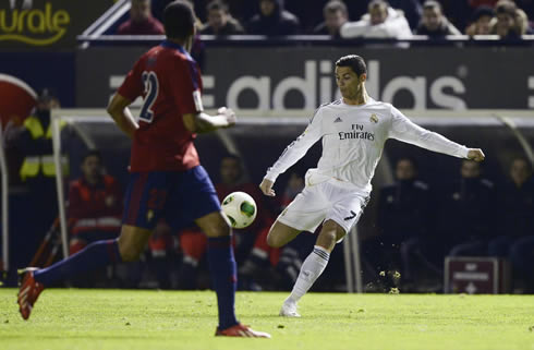 Cristiano Ronaldo striking a football, in Osasuna vs Real Madrid