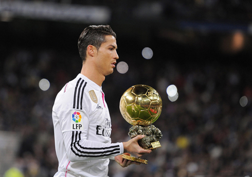 Cristiano Ronaldo holding the FIFA Ballon d'Or at the Santiago Bernabéu