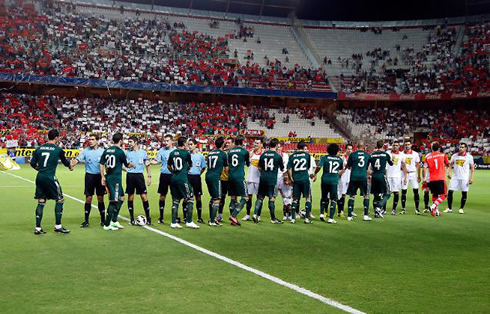Real Madrid visiting Sevilla in La Liga 2012/2013, wearing the original green jersey, kit and uniform/shirts