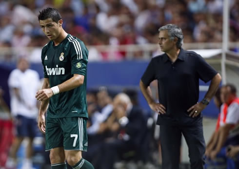 Cristiano Ronaldo and José Mourinho not looking happy, during the game between Sevilla and Real Madrid for La Liga 2012/2013