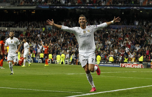 Cristiano Ronaldo runs across the Bernabéu with his arms wide open after scoring for Real Madrid