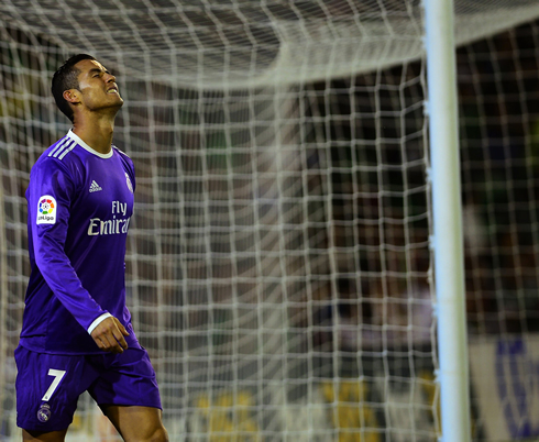 Cristiano Ronaldo reacts after missing a good chance to score for Real Madrid
