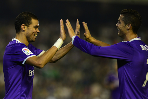 Pepe and Cristiano Ronaldo greeting each other after another Real Madrid goal