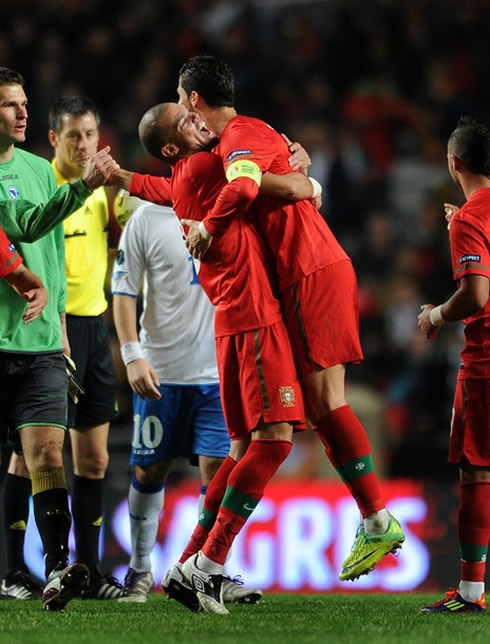 Cristiano Ronaldo hugging Pepe at the end of Portugal vs Bosnia
