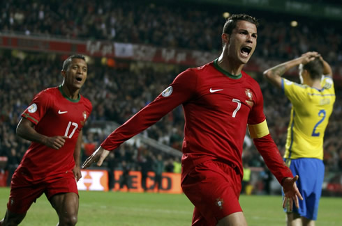 Cristiano Ronaldo reaction after scoring the winner in Portugal 1-0 Sweden, FIFA World Cup 2014 playoff