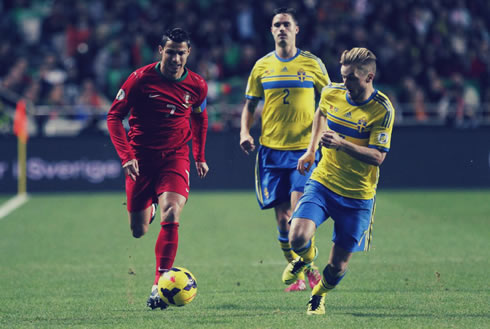 Cristiano Ronaldo in full sprint, at the 1-0 win against Sweden, for Brazil 2014 FIFA World Cup playoffs