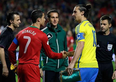 Cristiano Ronaldo greeting Zlatan Ibrahimovic, in Portugal vs Sweden for the 2014 FIFA World Cup playoffs
