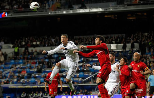 Cristiano Ronaldo hangs in the air before scoring another goal for Real Madrid, in a La Liga fixture against Mallorca, in March 2013