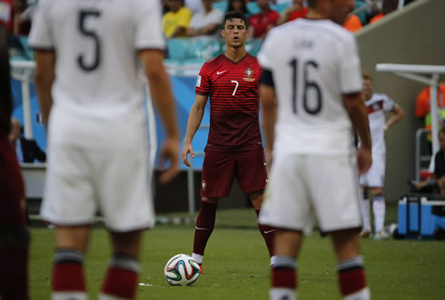Cristiano Ronaldo taking a deep breath before a free-kick in Germany vs Portugal, at the FIFA World Cup 2014