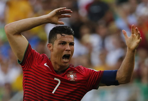 Cristiano Ronaldo gestures after a controversial decision in Germany vs Portugal, in the 2014 FIFA World Cup in Brazil