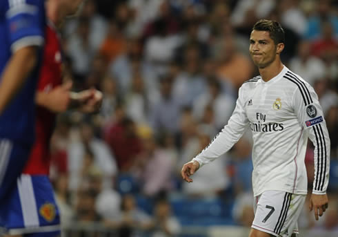 Cristiano Ronaldo making an upset face in a Champions League night game