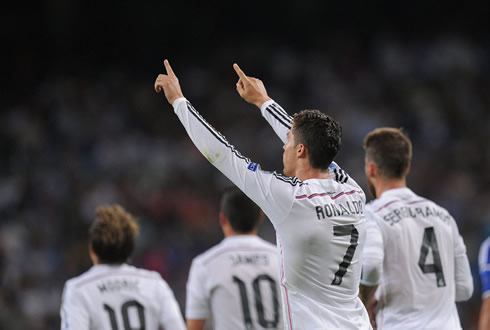 Cristiano Ronaldo raises two fingers to dedicate a goal to someone in the Bernabéu stands