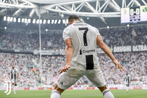 Cristiano Ronaldo does his trademark celebration after scoring first goal for Juventus