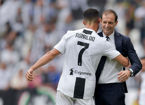 Cristiano Ronaldo hugs and thanks Massimiliano Allegri after scoring his first goal for Juventus