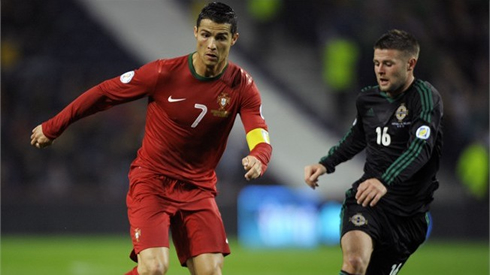 Cristiano Ronaldo leading the Portuguese attack against Northern Ireland, in a 1-1 home draw as part of the 2014 Brazil's World Cup qualifiers