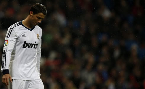 Cristiano Ronaldo looking down during the Real Madrid win by 2-0, over Rayo Vallecano, for the Spanish League 2013