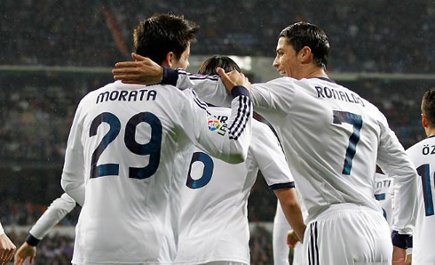 Cristiano Ronaldo congratulates Álvaro Morata for his first goal in the game Real Madrid vs Rayo Vallecano, for La Liga 2013