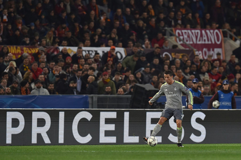 Cristiano Ronaldo in action in the Champions League, with a priceless board perfectly placed behind him
