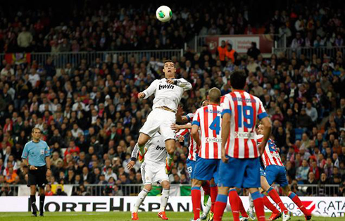 Cristiano Ronaldo rising in the air to score a goal in the Copa del Rey final between Real Madrid and Atletico Madrid, in 2013
