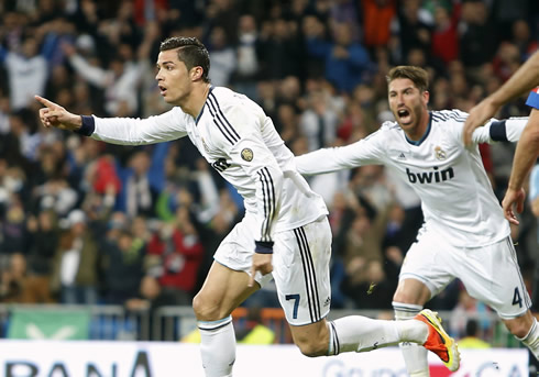 Cristiano Ronaldo and Sergio Ramos open their arms to celebrate Real Madrid goal against city rivals, Atletico Madrid, in Copa del Rey final