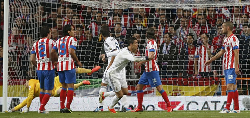 Cristiano Ronaldo prepares to start celebrating his goal in Real Madrid vs Atletico Madrid, in the Copa del Rey final of 2013