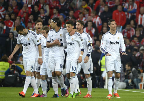 Cristiano Ronaldo asking his teammates on Real Madrid bench to calm down, during his goal celebrations against Atletico Madrid, in the Copa del Rey final of 2013