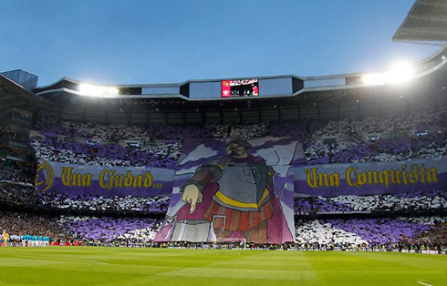 The Santiago Bernabéu choreography before the Real Madrid vs Atletico Madrid derby game, for the Copa del Rey final of 2013