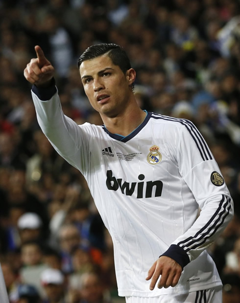Cristiano Ronaldo pointing his finger at someone special in the Santiago Bernabéu, in 2013