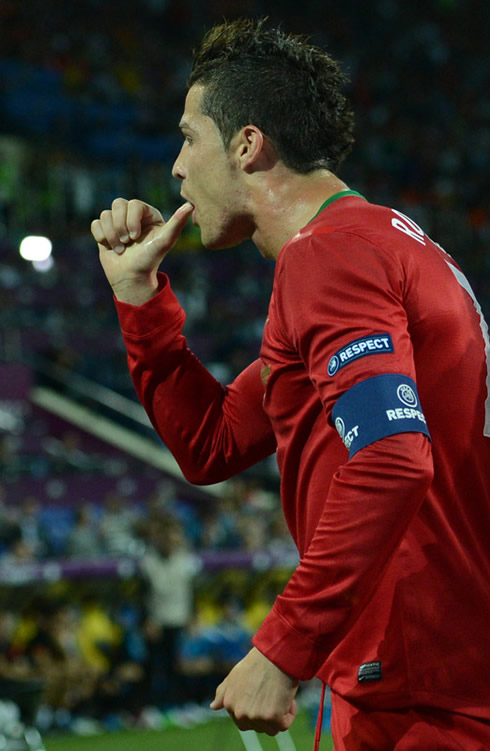 Cristiano Ronaldo sucking his thumb, as he dedicates Portugal goal to his son, Cristiano Ronaldo Jr., in the EURO 2012